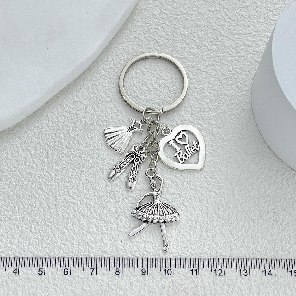 Antique Silver Ballet Girl Keychain with Heart Pendant - Elegant Dance Club Gift