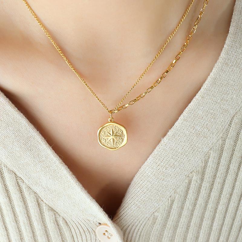 French Niche Eight-Pointed Star Pendant Necklace, Double Chain, 18K Gold-Plated Titanium Steel Clavicle Chain Jewelry P574