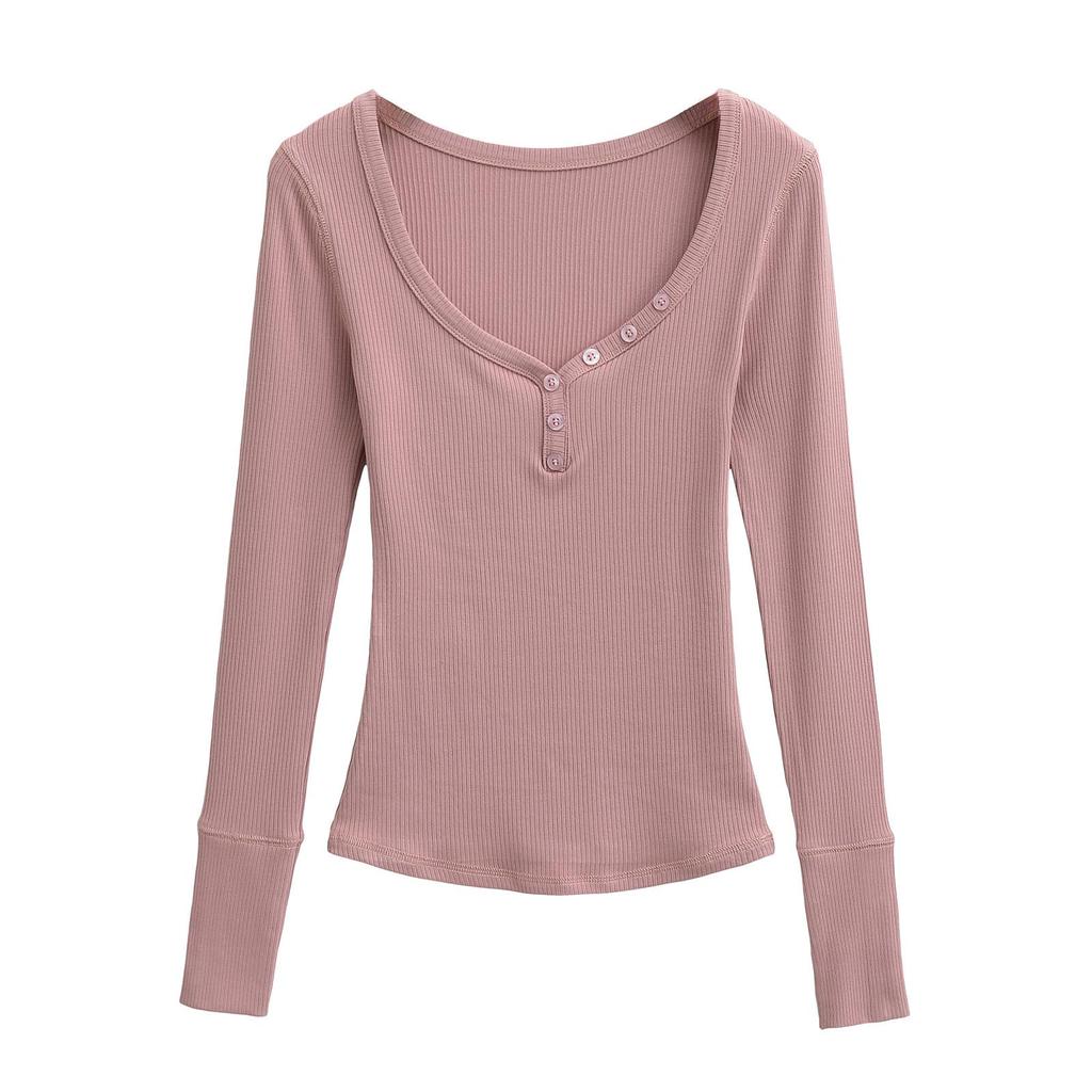Spicy Girl Ribbed Peach V-neck Buttoned Slimming Long-sleeve T-shirt for Women - Spring 2025 Collection