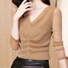 2022 T-shirt Casual Tinta Unita Elegante Seta Lucida Primavera Autunno Scollo a V Versatile Manica Lunga Pieghe Femminile Slim Maglie in Garza