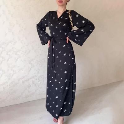 V-neck Bubble Sleeve Waisted Floral Gentle Dress