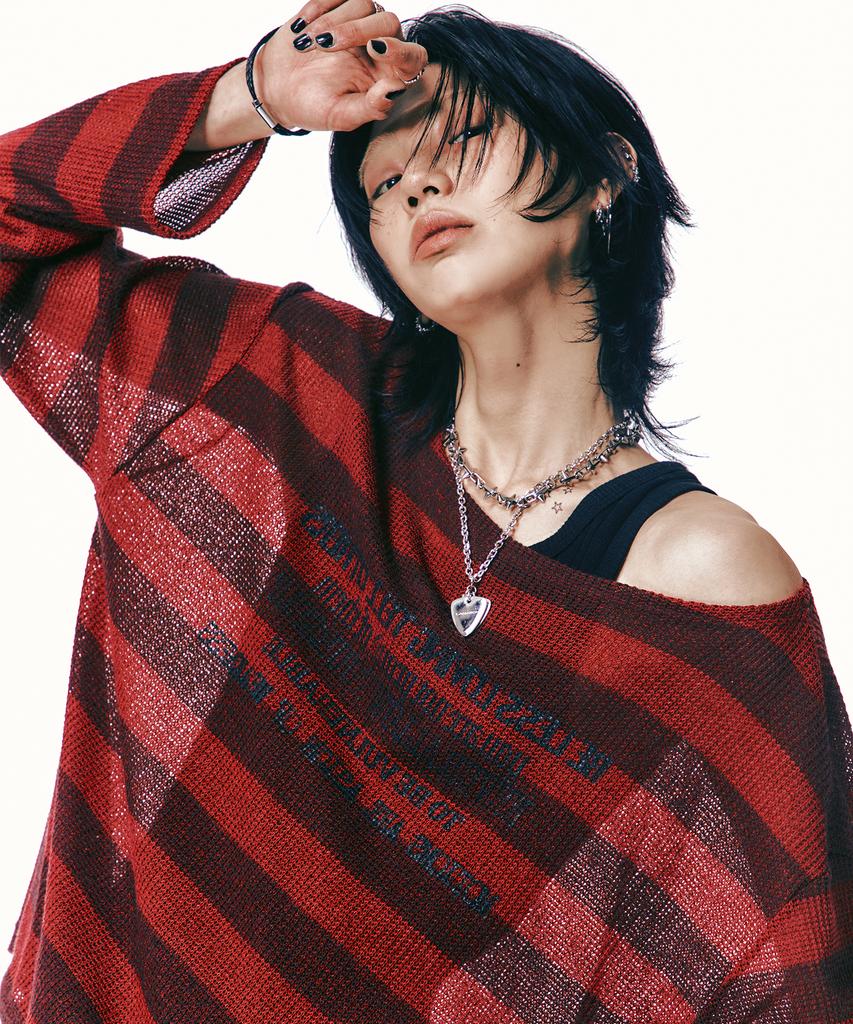LANARCHIVE [0058] Lettering Stripe Knit (Red)