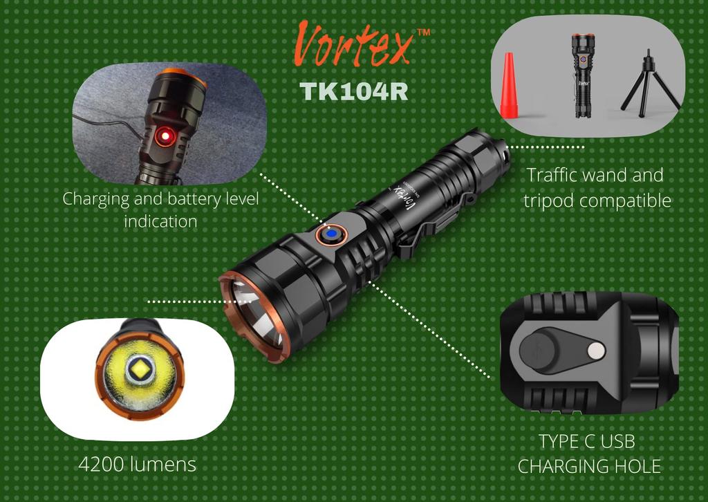 Vortex TK104R Rechargeable 4200 Lumens Button Lock Dimmable High Output LED Traffic Wand Professional Flashlight with Level Charge Indicator &