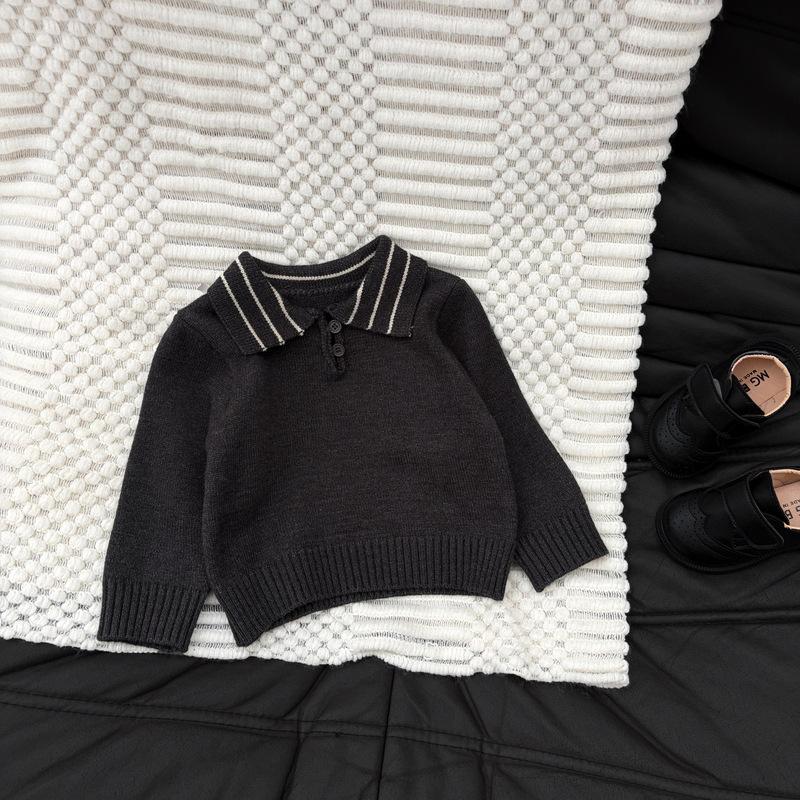 Children'S Clothing Baby Temperament Polo Neck Knitted Sweater Autumn Clothing Baby Striped Lapel Neck Soft Waxy Pullover Sweater Inside