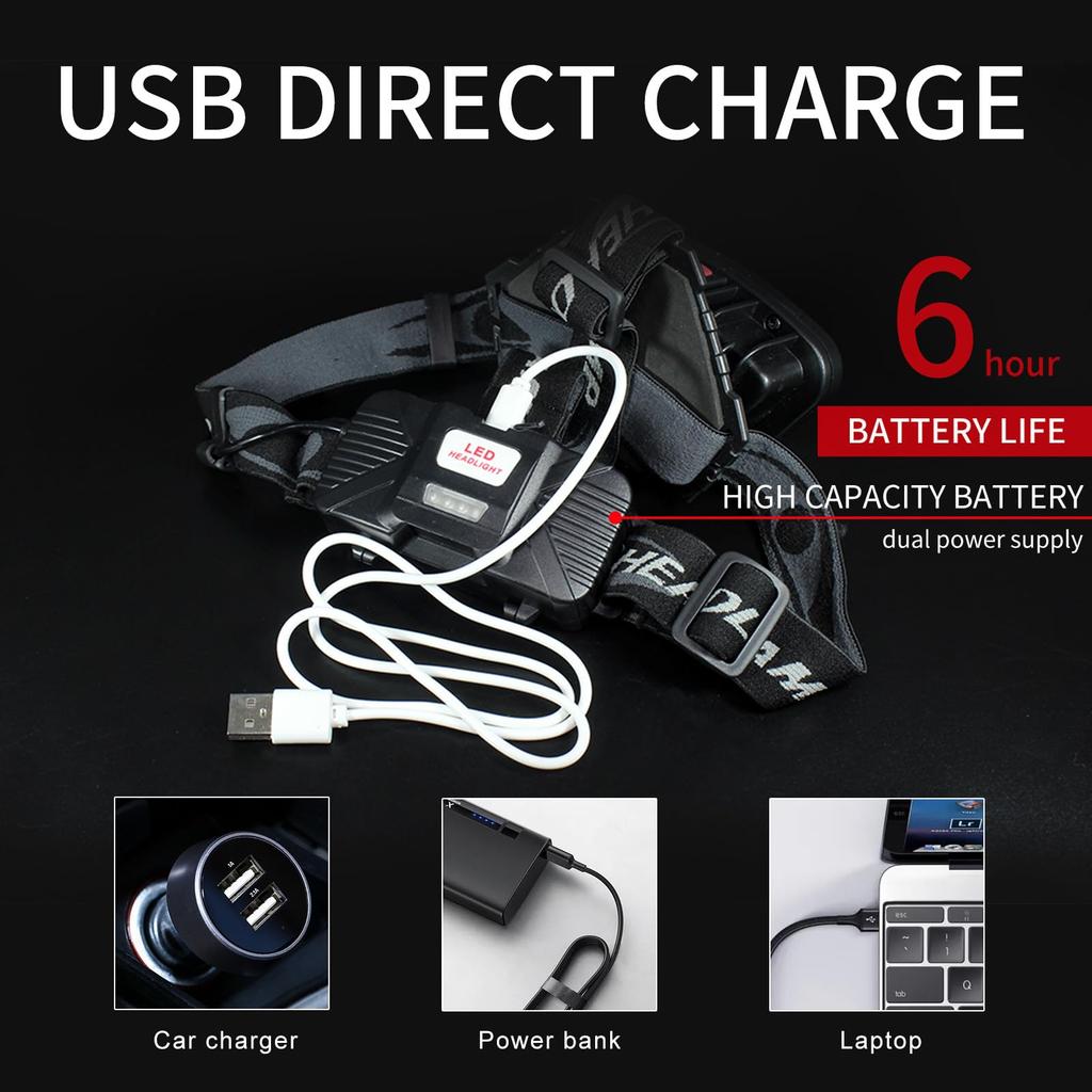 DARKBEAM USB Rechargeable COB Headlamp with White and Red Hard Hat Wide LED for Car Construction Outdoor and Power 4 and Hour Long Battery Life