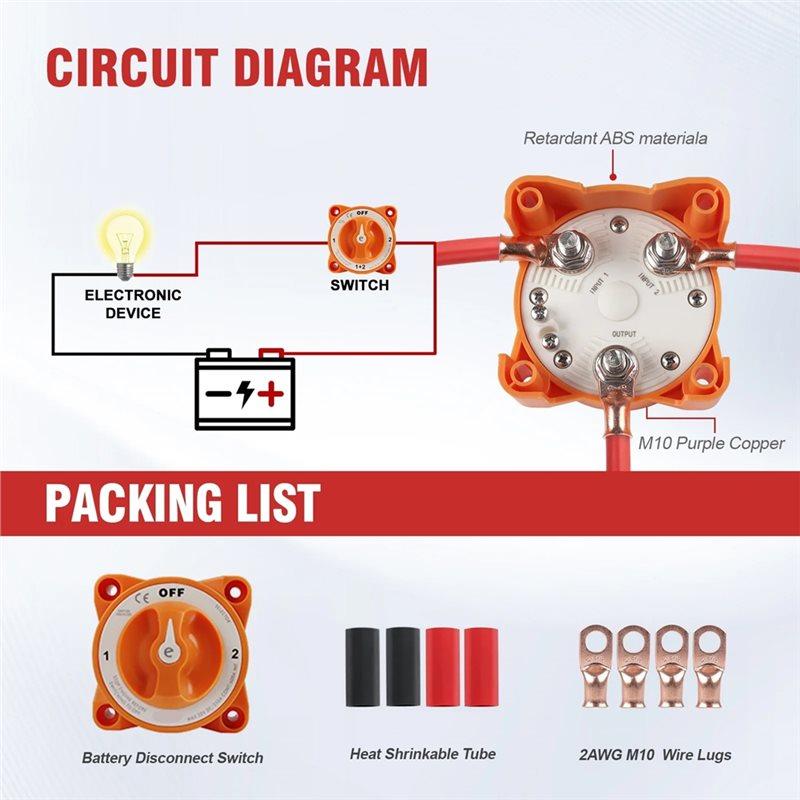A58Z For Marine Boat RV Battery Disconnect Switch 32V AFD Selector 4 Position Terminal Stud M10 With Cable Lug& Heat Shrink