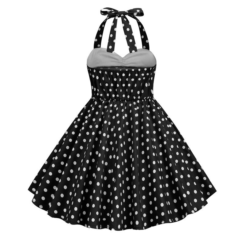 Girls' Fashionable High-Waisted Halter-Neck Patchwork Polka Dot Retro Dress For Summer