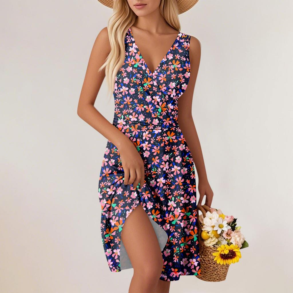 Mote V-hals Midje Trykt Ermeløs Vestkjole for Kvinner