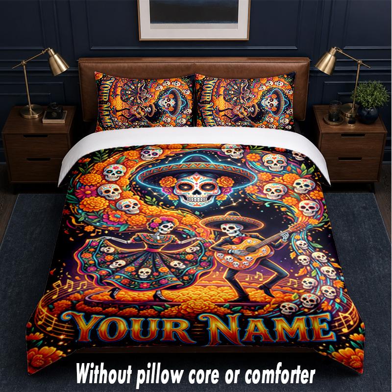 Day of the Dead Theme Custom Text Or Name 3Pcs Bedding Set,1 Flat Sheet & 2 Pillowcases Personalized Home Bedding
