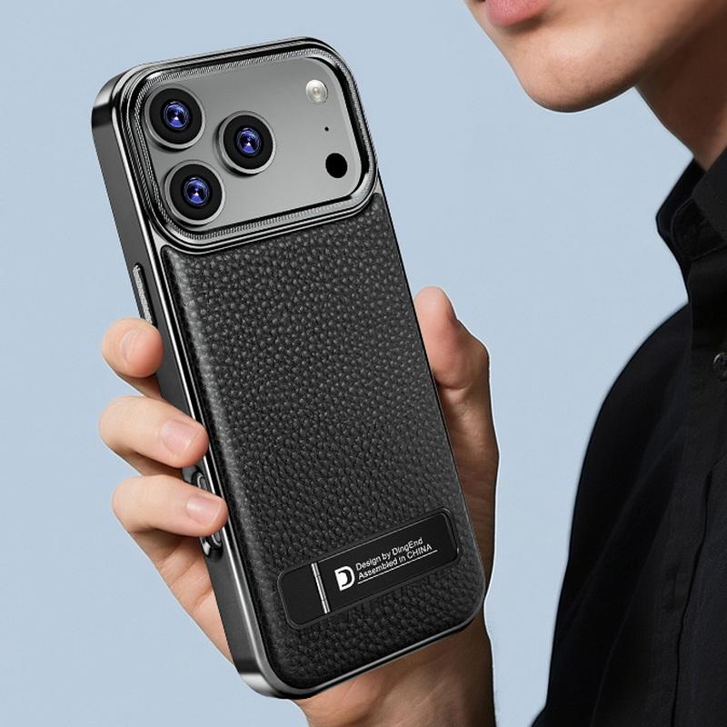 Plating Magnetic Leather Case For iPhone 17 Pro Max Funda iPhone 16 Pro Max 15 14 13 Luxury Folding Bracket Shockproof Phone Holder Cover