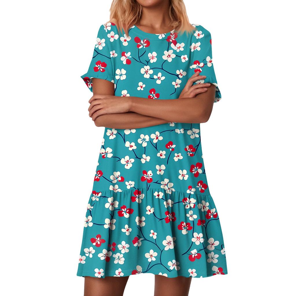 Women's Fashion Casual Round Neck Short Sleeve Ruffled Vintage Printed Dresses