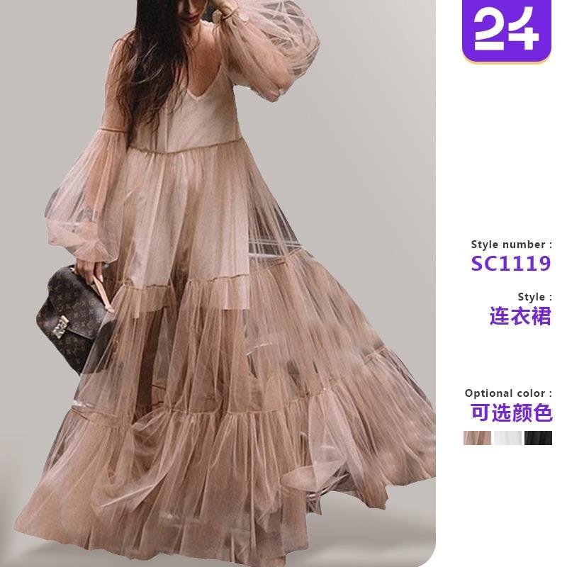 Suer new women's clothing V-neck fashion bubble sleeve mesh see-through dress, long dress