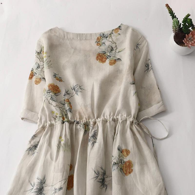 Dress Women Summer Floral Soft Casual Versatile Skirt Loose Skin-friendly Waisted Hemp Dresses