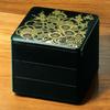 J-kitchens Lacquerware 3-Tiered Jubako Box, 6.0 inches, Black and Gold Tsutsumi Design, 18cm, Resin, Made in Japan