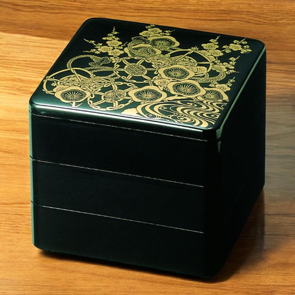 J-kitchens Lacquerware 3-Tiered Jubako Box, 6.0 inches, Black and Gold Tsutsumi Design, 18cm, Resin, Made in Japan