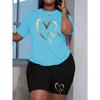 Plus size women's summer wear love printed high-end comfortable T-shirt two-piece set
