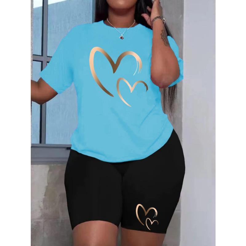 Plus size women's summer wear love printed high-end comfortable T-shirt two-piece set