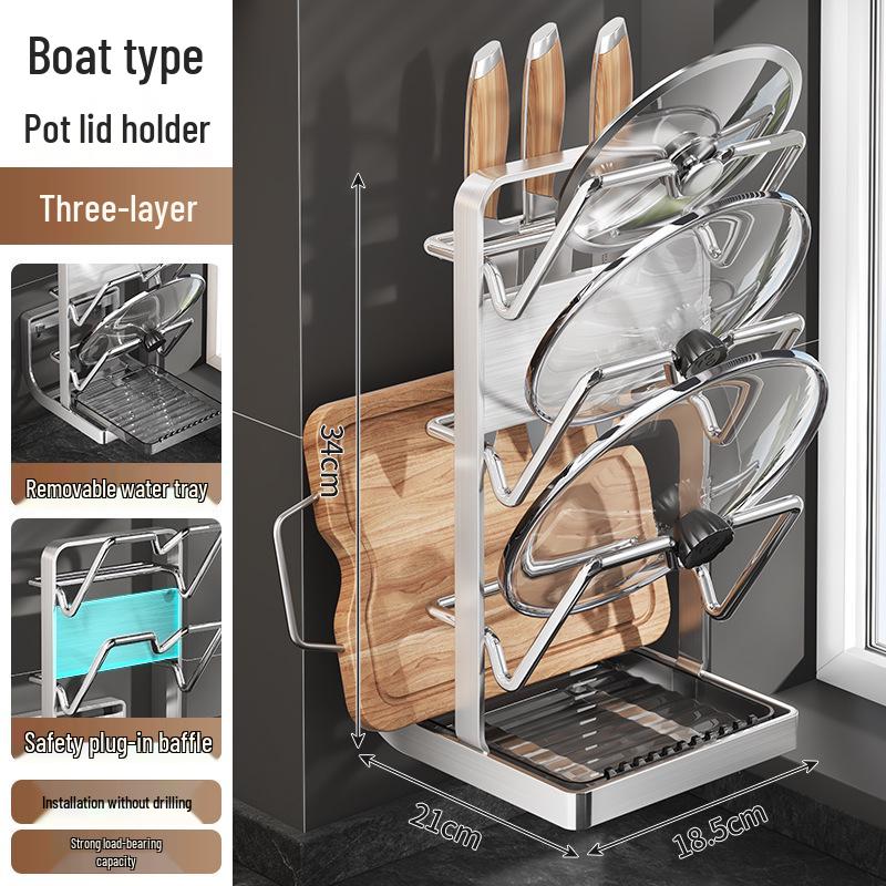 Stainless Steel Wall-Mounted Kitchen Rack for Cutting Boards and Pot Lids
