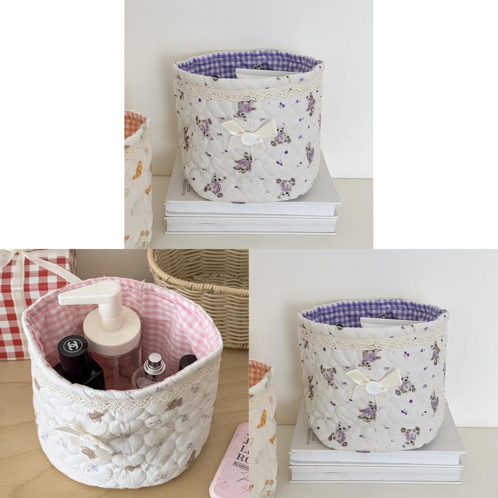 Bear Print Cotton Storage Basket With Foldable Design For Office And Desk Organization