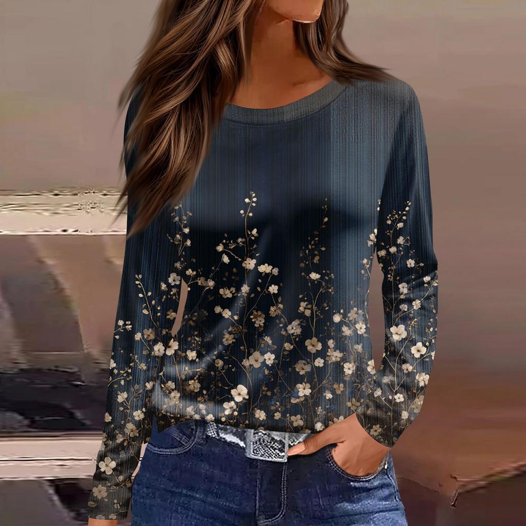 Women's Fashion Casual Slit Hem Round Neck Long Sleeve Loose Printed T-Shirt Ladies Top