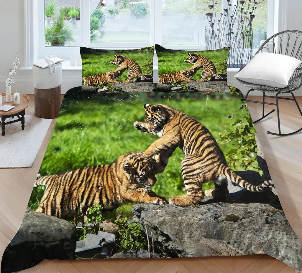 3D Bedding Set Black Duvet Quilt Cover Set Comforter Cover Pillowcase King Queen Size Animal Tiger Printed Polyester Quilt Cover