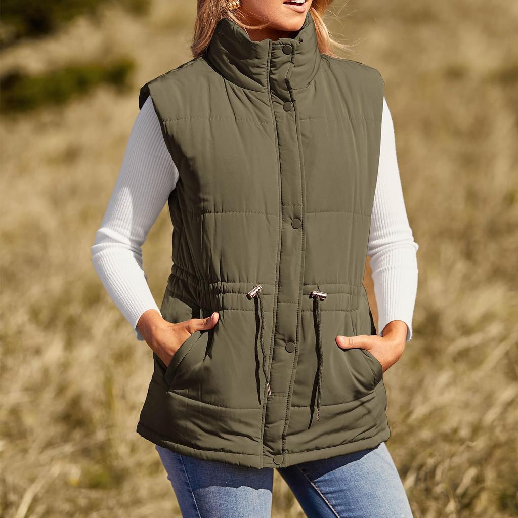 Womens Puffer Vest Zip Up Stand Collar Sleeveless Padded Outerwear Jacket Coat Pockets