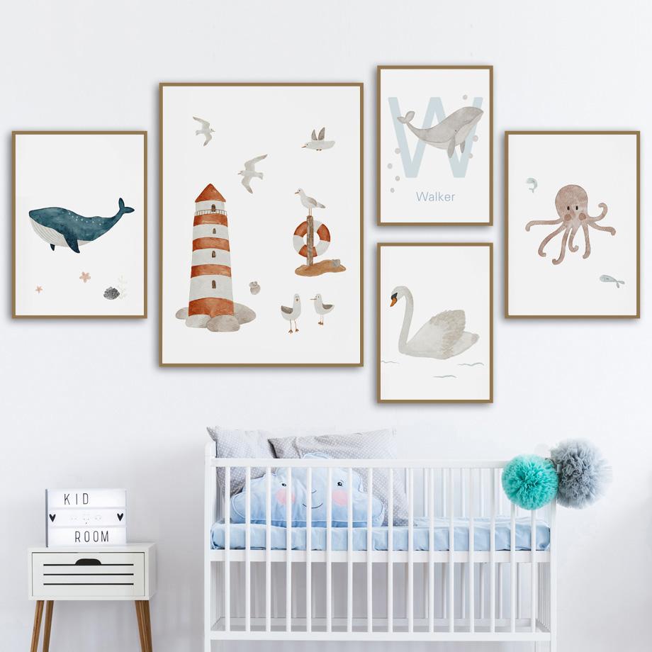 Custom Name Whale Octopus Turtle Swan Sea Animal Nursery Wall Art Canvas Painting Poster And Prints Picture Baby Kids Room Decor