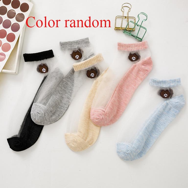5 /10 Pairs Women Socks Summer Cartoon Socks Bear Colorful No Show Socks Soft Silk Thin Transparent Kawaii Girls Female Ankle Socks