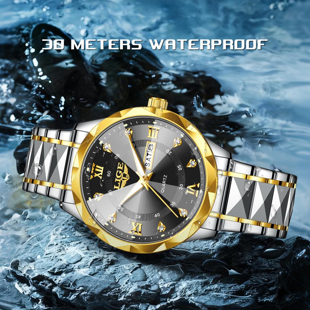 LIGE Top Brand Luxury Man Wristwatch Waterproof Luminous Date Week Men Watches Stainless Steel Quartz Men's Watch Male Clock