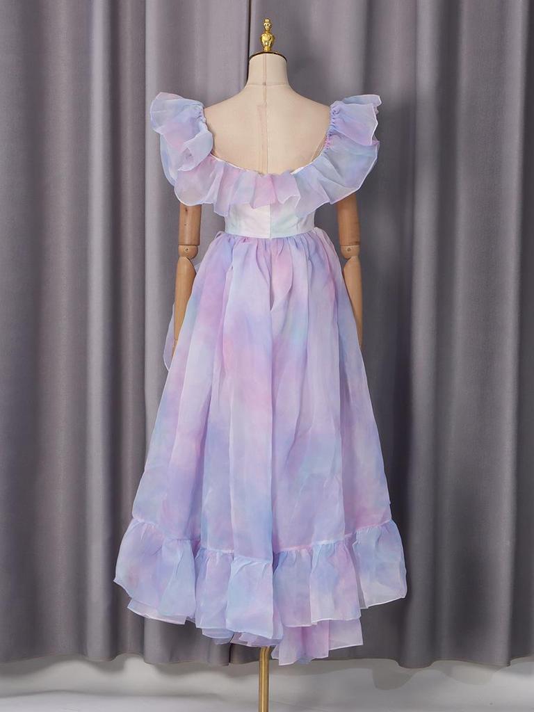 Elegant Retro Square Neck Flutter Sleeve Long Dress - High Waist, Slimming Design for Women (2026 Autumn Collection)