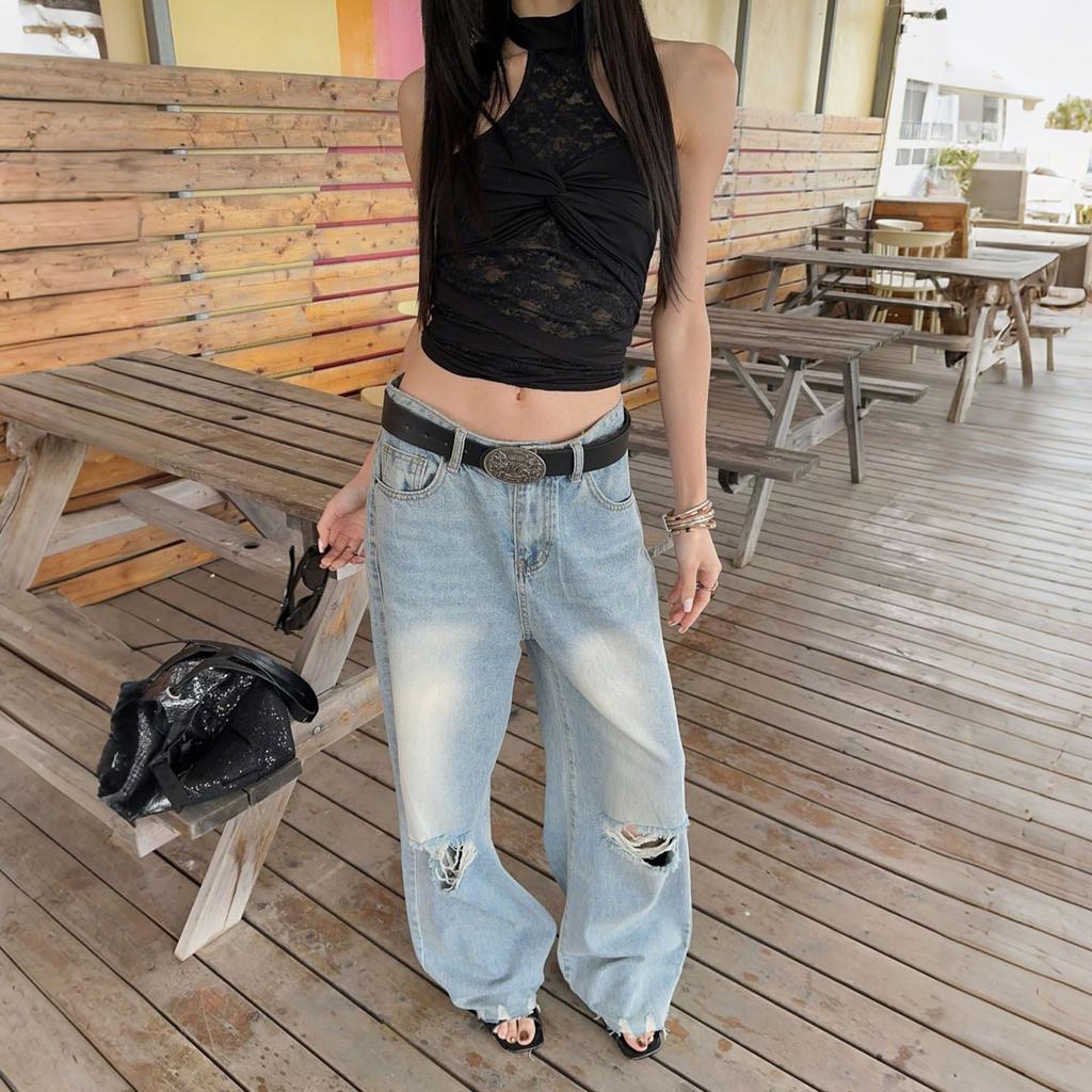 Spring Summer Vintage Ripped Straight High Street Slim Floor Wide Leg Denim Pants For Women Casual Pants Oversize Denim Trousers