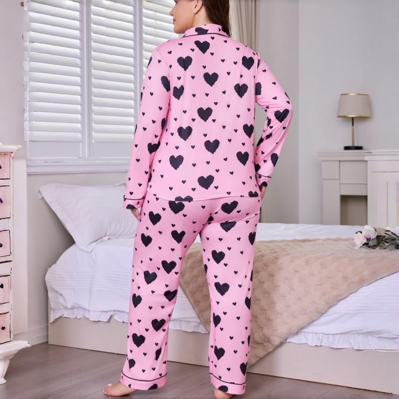 Plus-Size Women's Heart-Print Cardigan Collared Long-Sleeve Long-Pants Pajama Set for Women