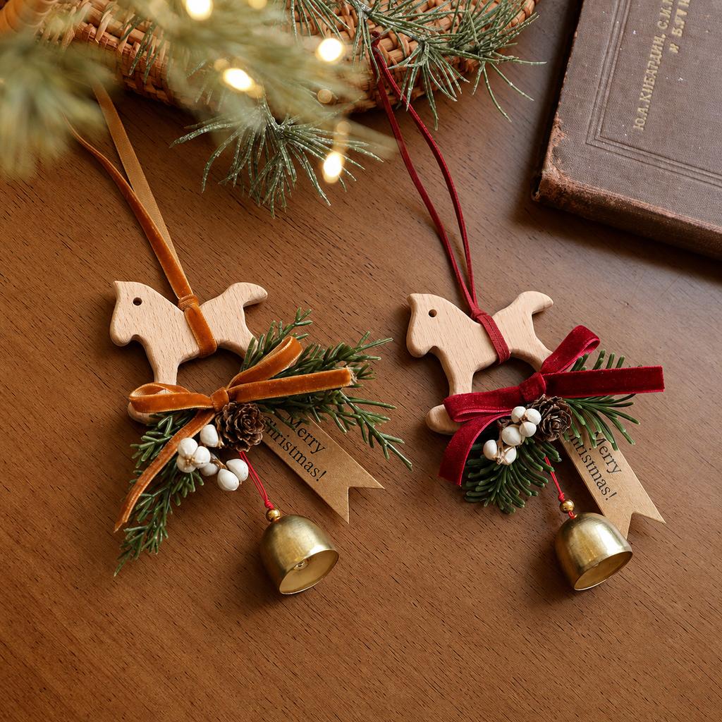 Rocking Horse Bell Ornament Compact Wooden Rocking Horse Ornament Door Wall Hanging Ornament Christmas Themed For Door Festive