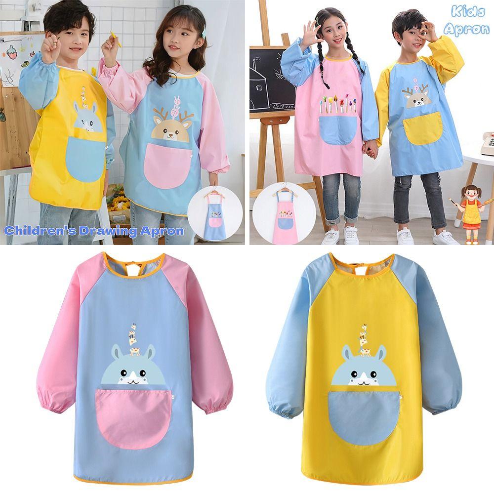 Cute Adjustable Kids Painting Apron Waterproof Cartoon Art Apron Large Pockets Oil-Proof Baking Bibs