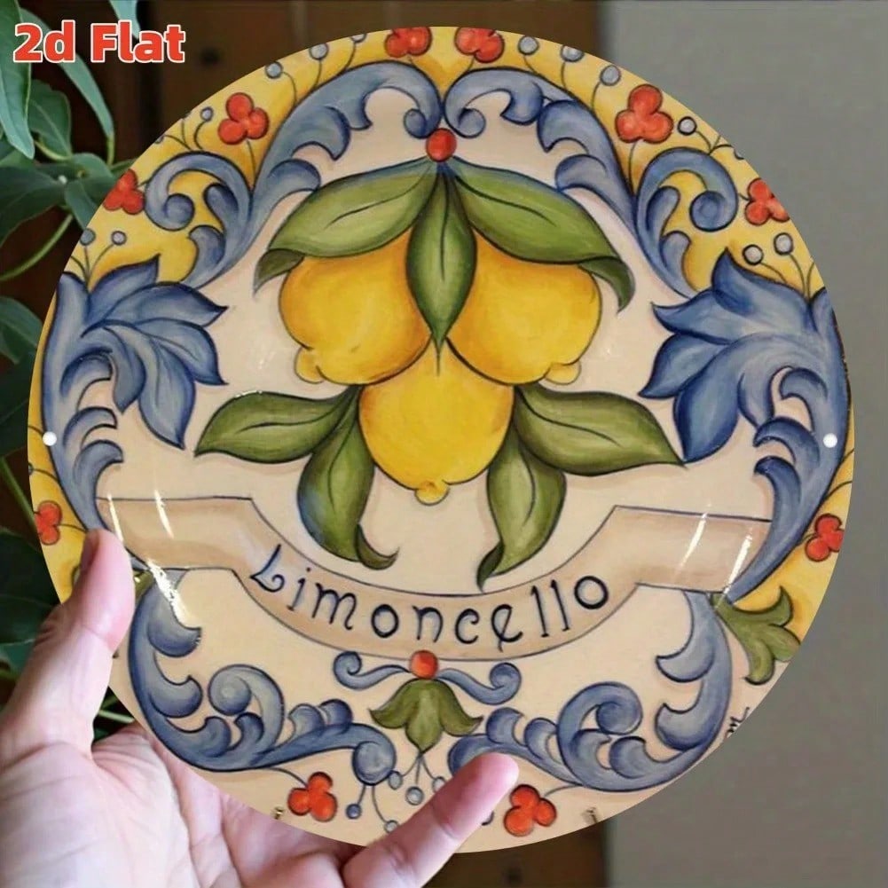 2D Lemon Art Round Aluminum Sign 7.8 Inch Mediterranean Home Kitchen Cafe Wall Decor Plate