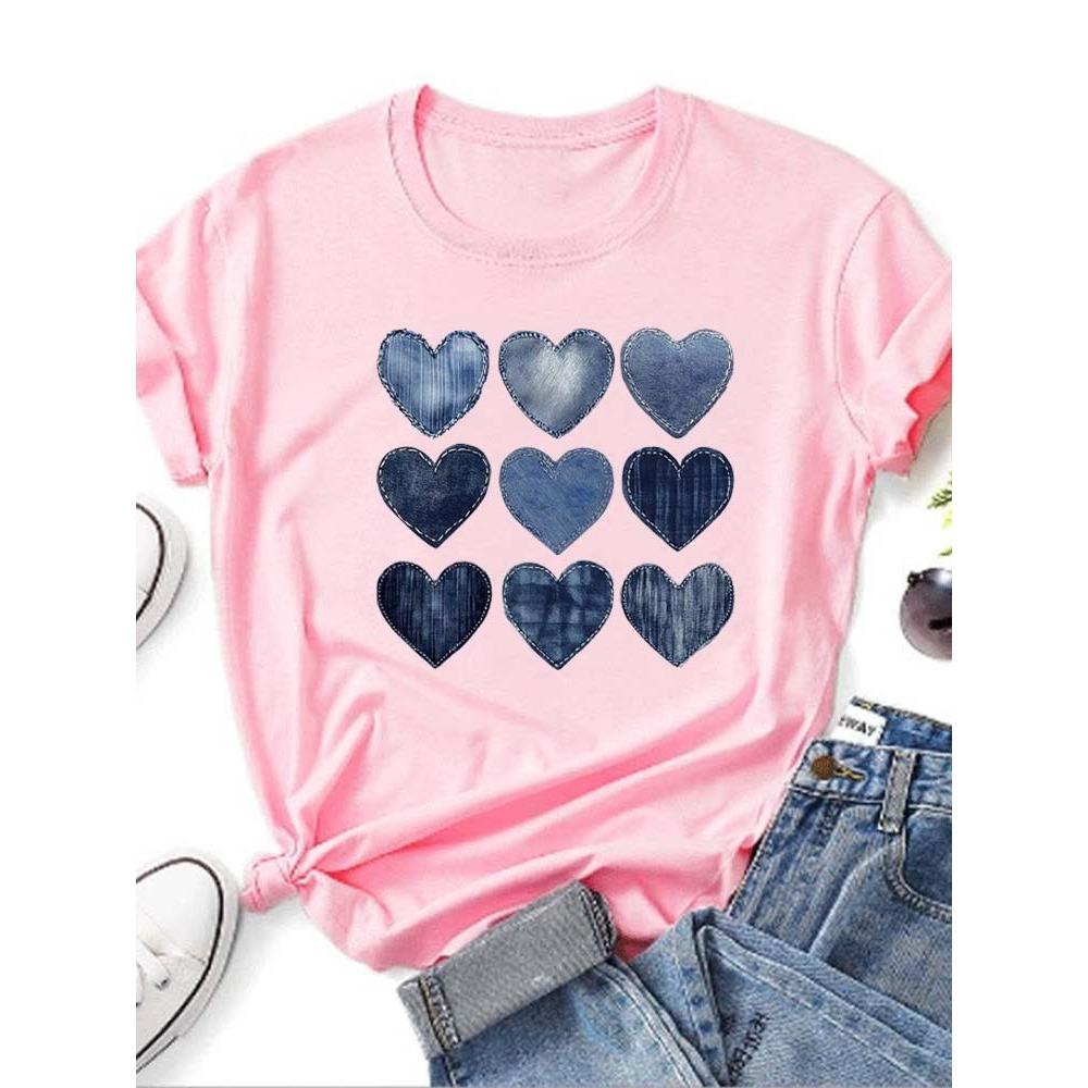 Women Cowboy Heart Print T-Shirt for Valentine's Day Gifts Fashion Crew Neck Short Sleeve T-Shirt Casual Women's Clothing
