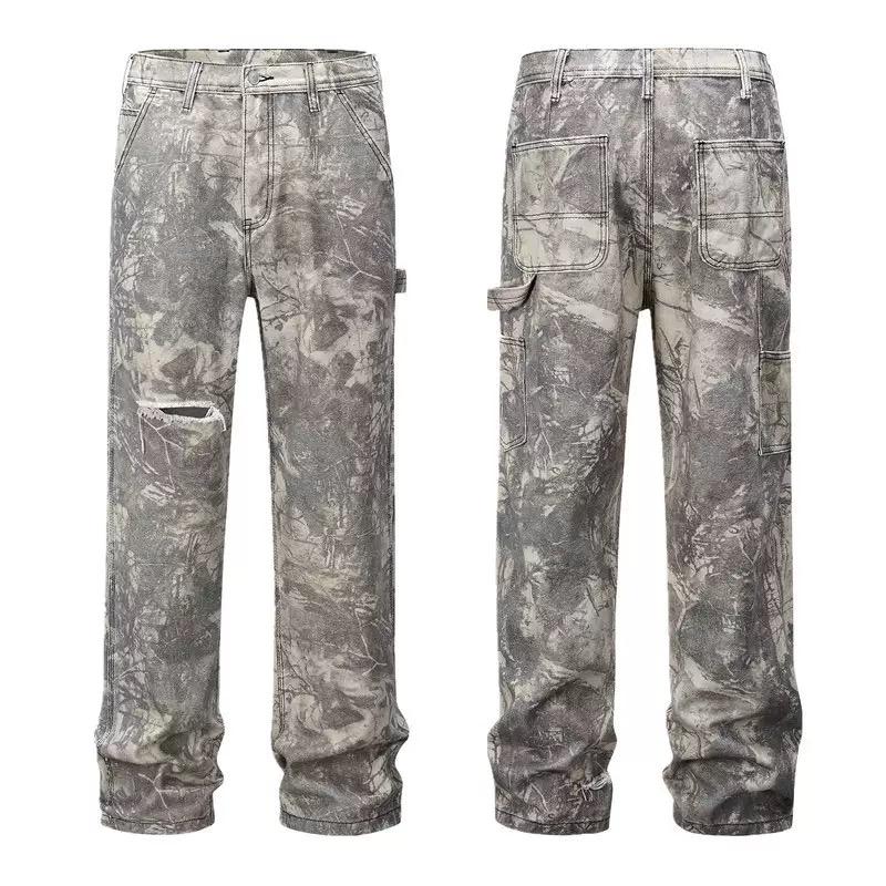 RogueWave High Street Straight Washed Dirty Ripped Blue Jeans Pants for Men Vintage Casual Loose Denim Trousers Frayed Patchwork Cargos