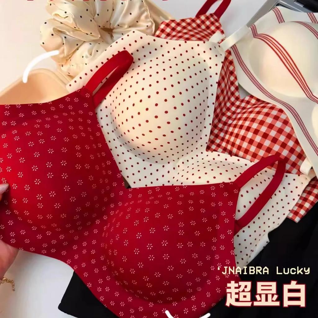 Pastoral Floral Red Plaid Underwear Women's Small Breasts Gather Without Traces and Steel Rings, Wedding Festive Natal Year Bra
