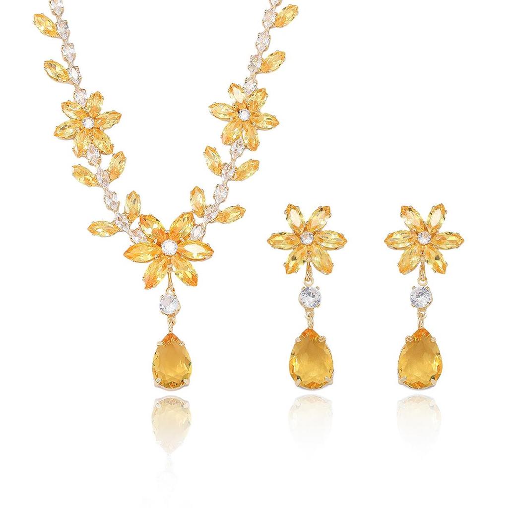 European Style Zircon Flower Tassel Necklace and Earrings Set