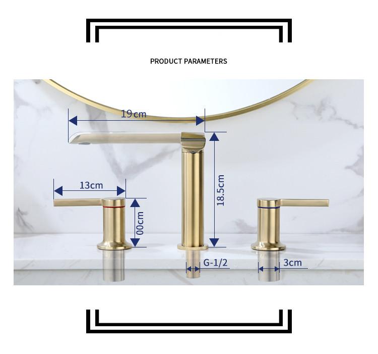 Basin Faucet Brushed Gold Brass Bathroom Sink Faucet 3 Hole Widespread Basin Mixer Double Handle Hot Cold Water Tap New Arrival