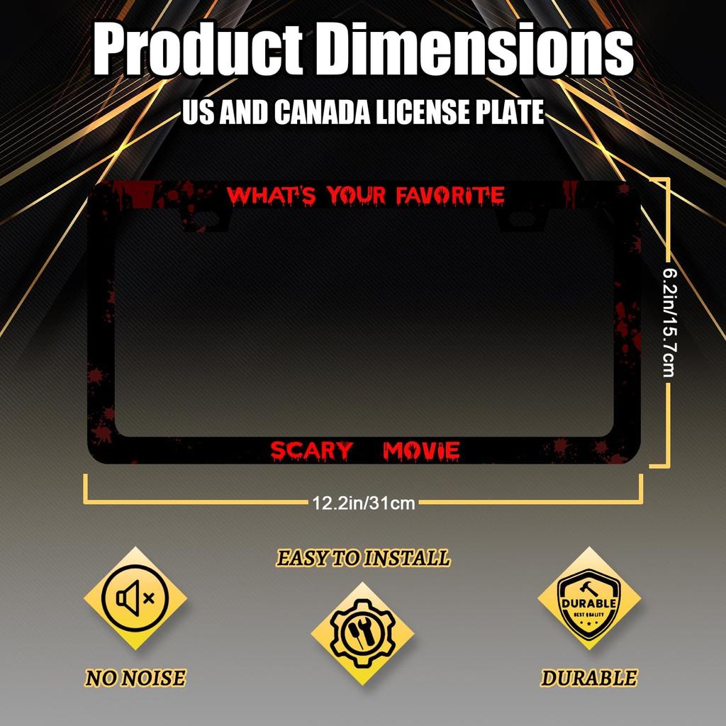 Funny License Plate Frame What‘S Your Favorite Scary Movie License Plate Holder Stainless Steel Auto Parts Blood License Plate Decoration For Men