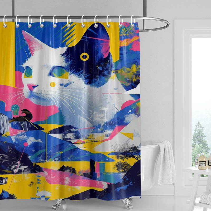 Cartoon cat waterproof shower curtain home decoration bathroom partition shower curtain 180x 200cm with 12 hooks