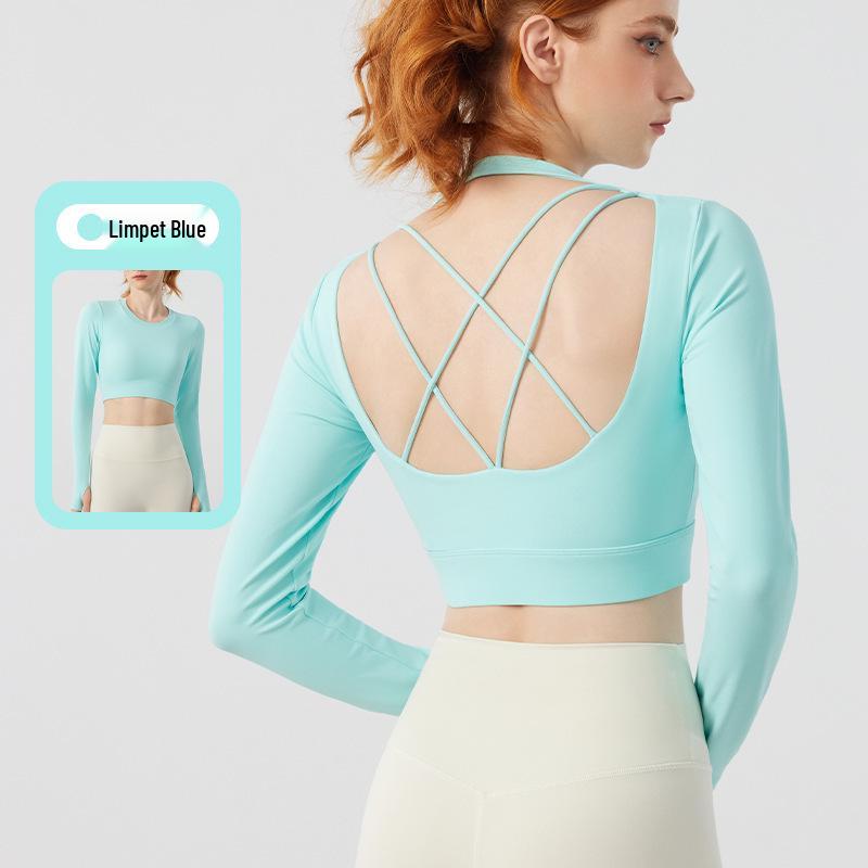 Damen Herbst Yoga Langarm Sportbekleidung mit Brustpolstern und gekreuztem Rücken