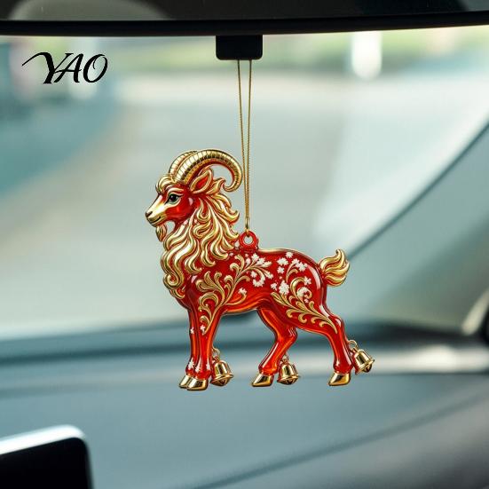 Acrylic Holiday Decor Goat Christmas Car Hanging Ornament, 2D Pendant with Tree Ornaments String, Cute Animal for Rearview Mirror, Party Gift