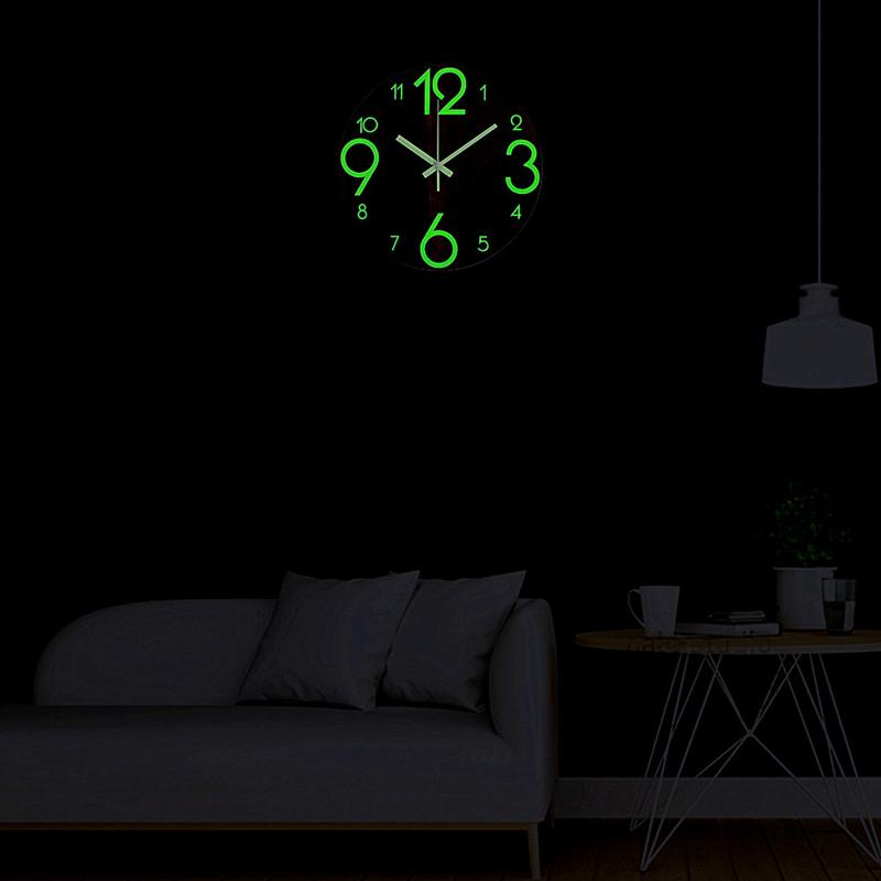 Round Luminous Wall Clock Glow In Dark Wooden Silent NonTicking Modern Style for Bedroom Decor