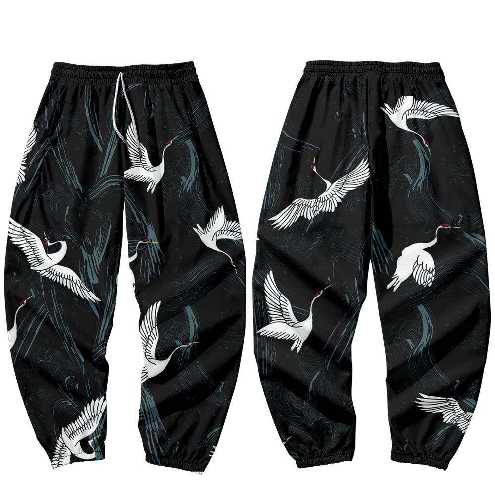 Great Wave of Kanagawa Crane Splicing Printed Casual Beach Harem Pants Men Hip Hop Nine Points Trousers Jogger Sweatpants