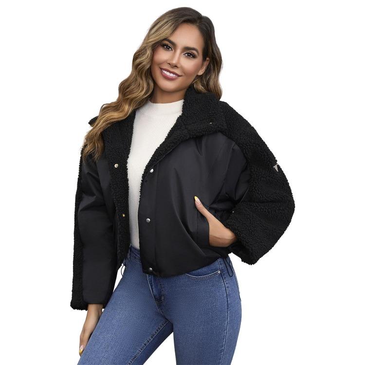 Vintage Style Womens Plush Fleece Bomber Jacket Windproof Warm Loose Fit Lapel Zipper Short Coat Long Sleeves Outerwear Autumn Winter Tops