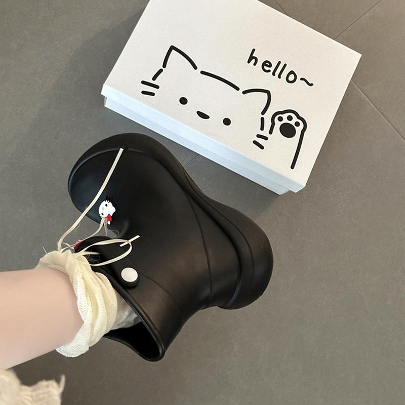 Cartoon solid color casual short boots Hello Kitty platform rain shoes women's summer fashion cute lazy one pedal rain boots