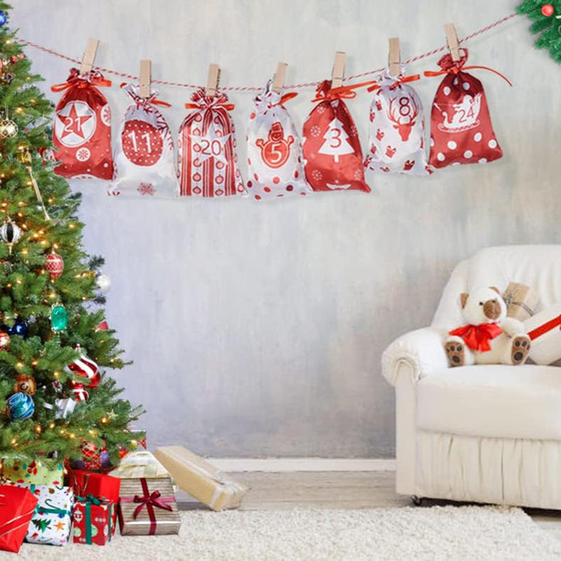 Christmas Fillable Advent Calendar Bags Set Portable Holiday Drawstring Gift Bags for DIY Christmas Decorations