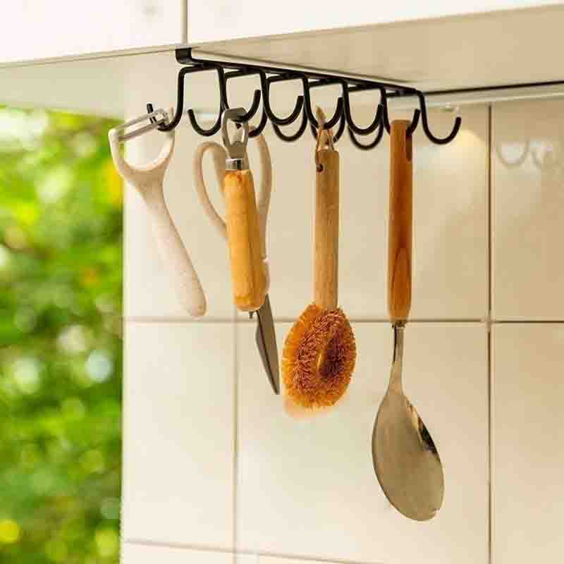 1PC Double-row Hooks Hanging Cup Holder Multifunctional Household Punch-free Wall Bathroom Kitchen Cabinet Storage Rack